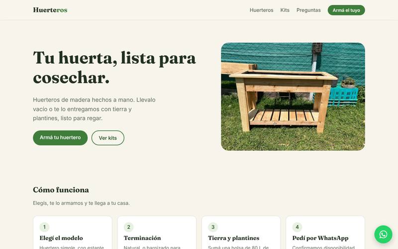 Página web de Huerteros con su catálogo y el botón de pedido por WhatsApp